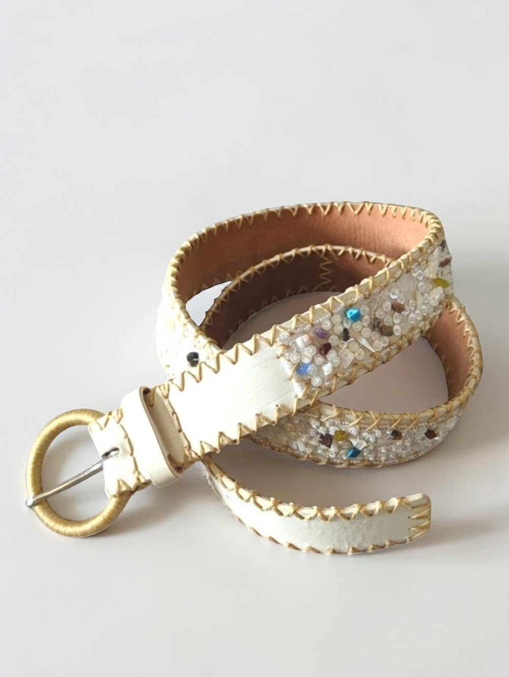 Embroidered Leather Belt Sequin Stone Ivory Gold Stitching Western Boho Womens M